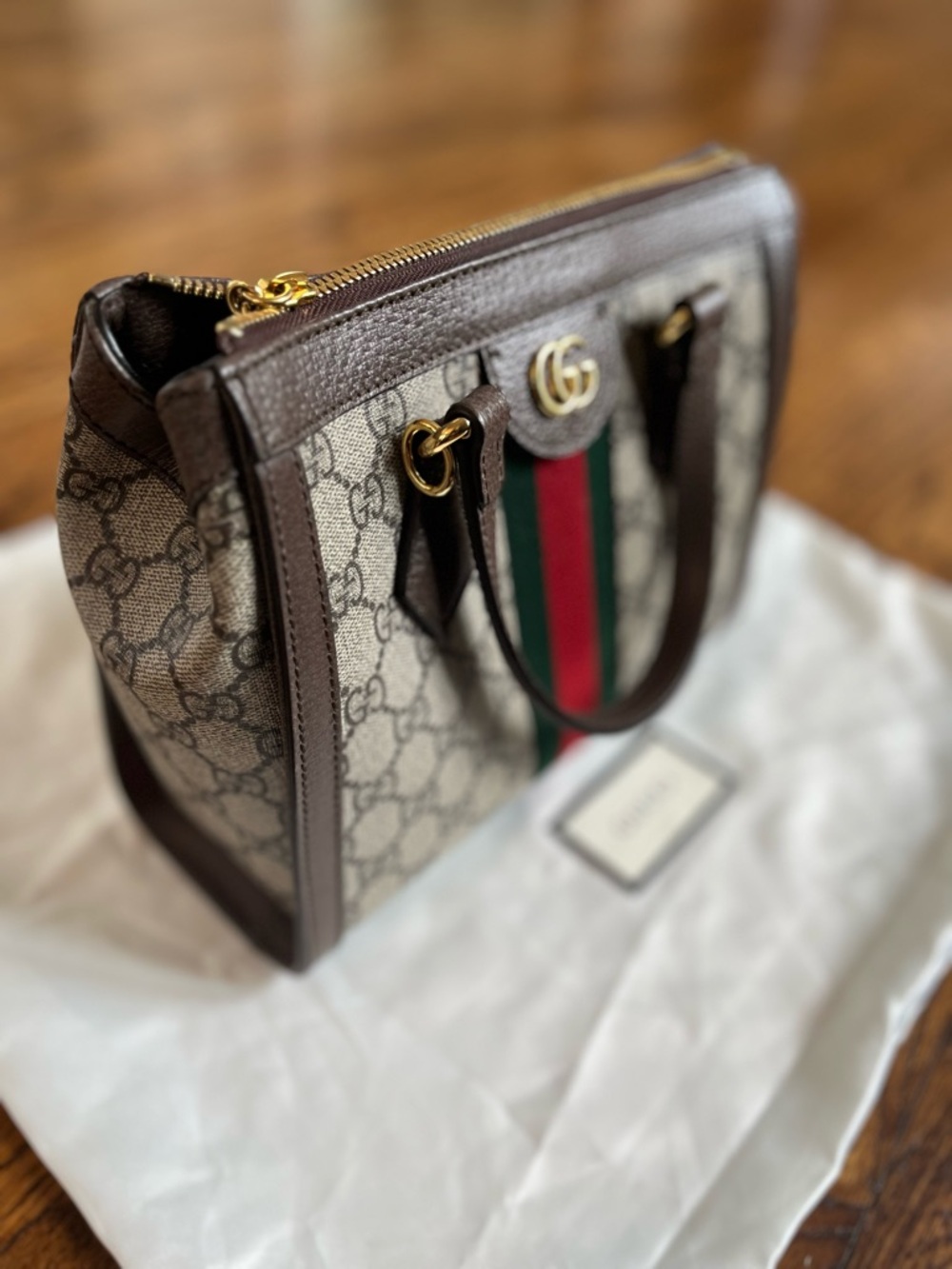 Gucci Convertible Brown GG Supreme Canvas Satchel with Green-Red Web Stripe - Picture 14 of 14